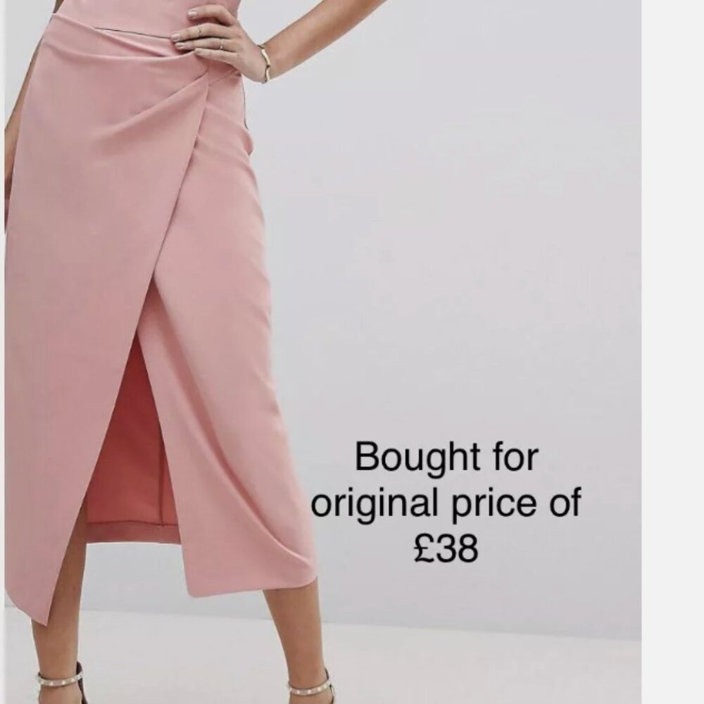 Pink Faux Wrap Midi Skirt